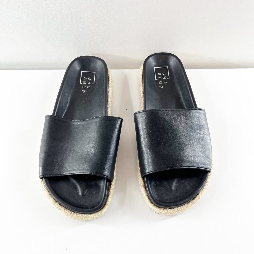 ShuShop Crisanta Faux Leather Slip On Slides Sandals Black 8 - Picture 2 of 8